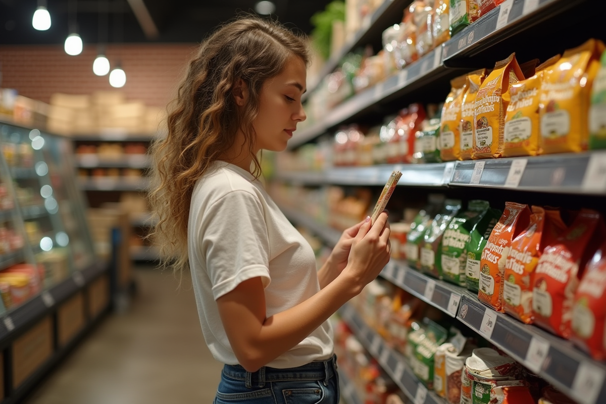 Jeune femme regardant les étiquettes dans un rayon vegan