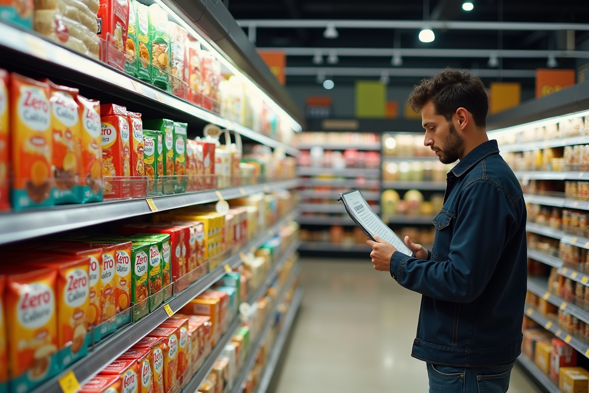 Rayon de supermarché avec produits zéro calorie et client sceptique