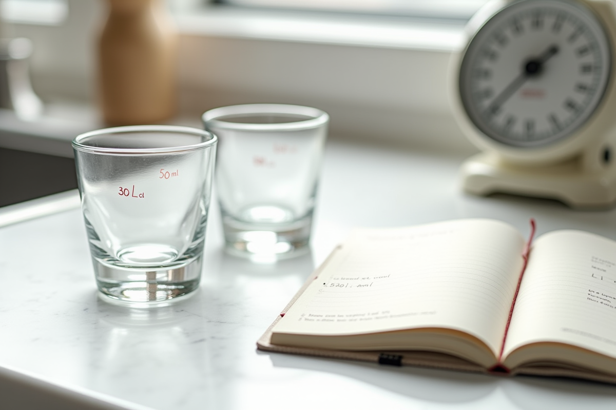 Carnet de recette ouvert avec deux petits verres de 50 cl et 500 ml