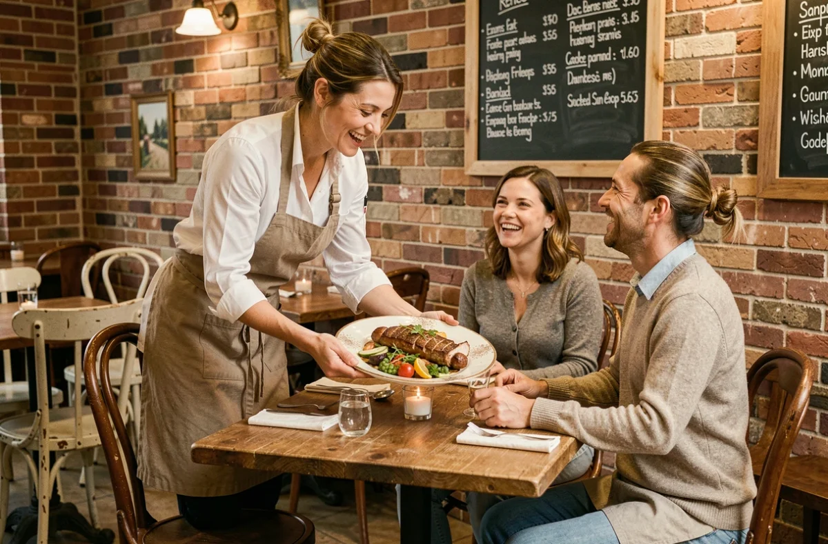 Scène conviviale au restaurant Renée, Bib Gourmand Michelin 2026, avec chef présentant une assiette généreuse à des clients