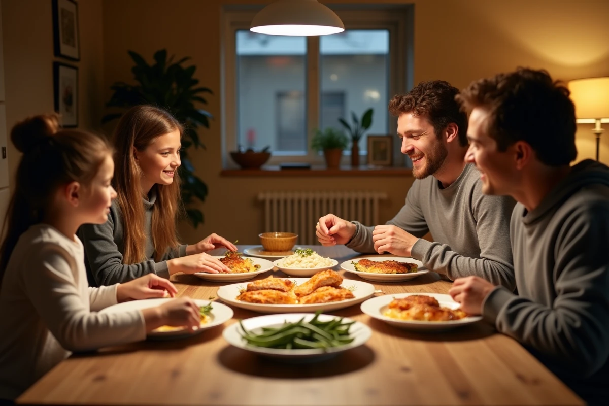 Famille réunie autour d'un repas de saumon au four avec peau croustillante et accompagnements, ambiance dîner convivial