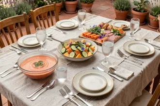 Table estivale dressée avec des plats frais sans cuisson pour un dîner léger d'été : gaspacho, salade melon-concombre, saumon fumé et plateau de charcuterie