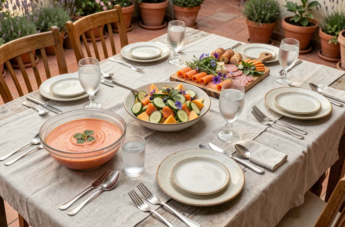 Table estivale dressée avec des plats frais sans cuisson pour un dîner léger d'été : gaspacho, salade melon-concombre, saumon fumé et plateau de charcuterie
