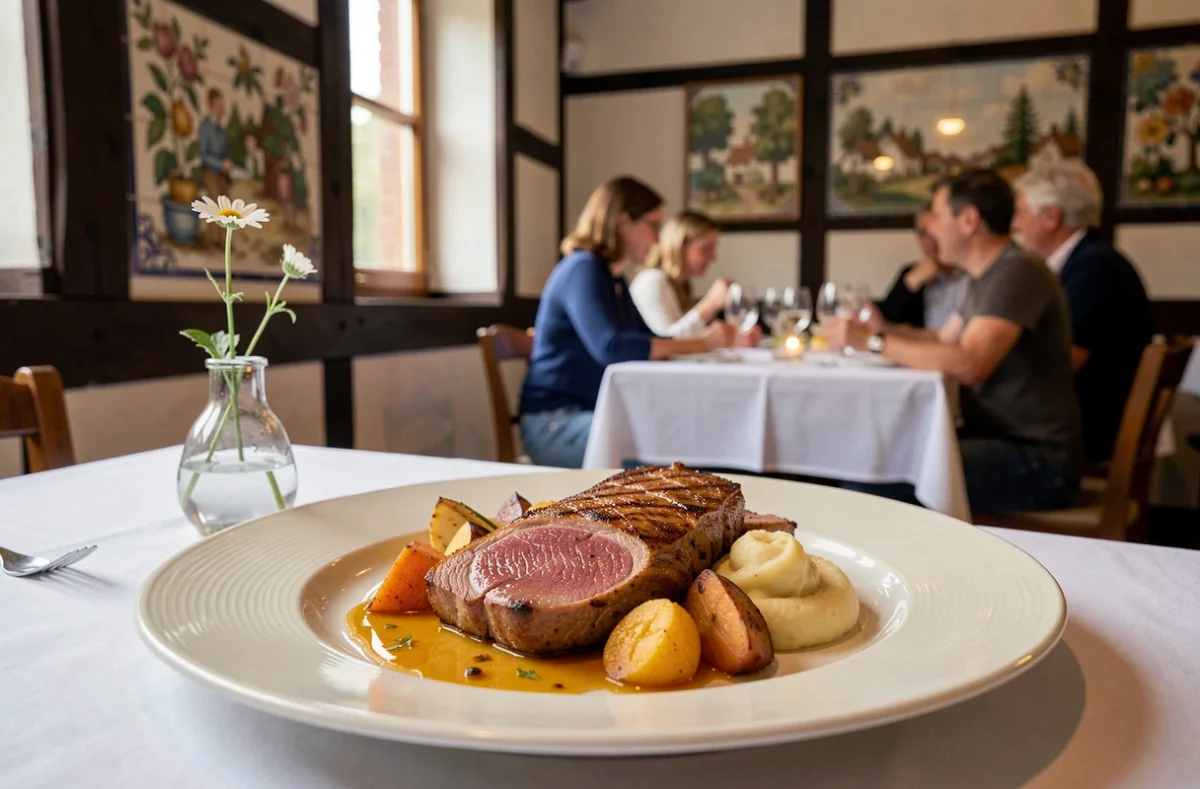 Magret de canard à la réduction de mirabelle au Restaurant Le Colombier à Bartenheim, service gastronomique alsacien en porcelaine ivoire