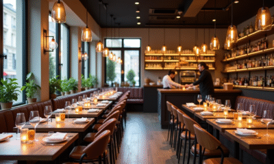 Intérieur d un restaurant élégant dans le 11e arrondissement avec tables en bois et lumière naturelle