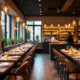 Intérieur d un restaurant élégant dans le 11e arrondissement avec tables en bois et lumière naturelle