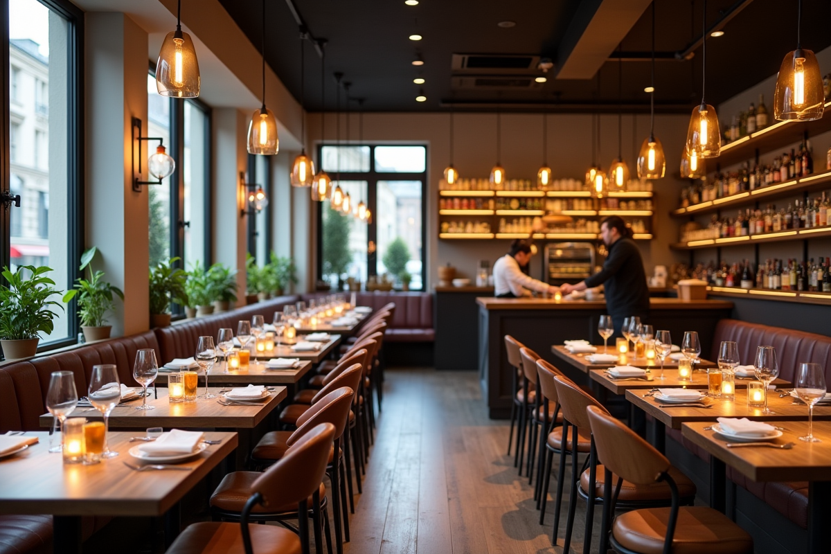 Intérieur d un restaurant élégant dans le 11e arrondissement avec tables en bois et lumière naturelle