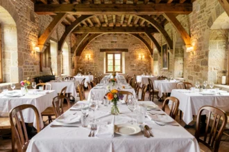 Salle de restaurant gastronomique étoilé en Centre-Val de Loire avec tables dressées, nappes blanches et murs en pierre ancienne