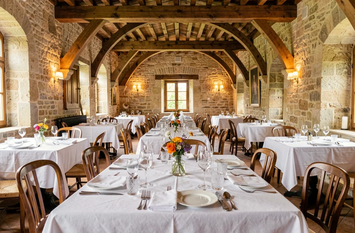 Salle de restaurant gastronomique étoilé en Centre-Val de Loire avec tables dressées, nappes blanches et murs en pierre ancienne