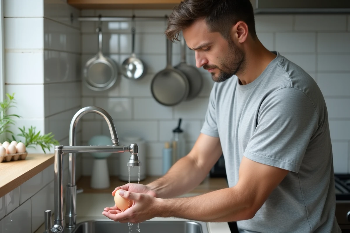 Homme rinçant un œuf sous l'eau du robinet avant de tester sa fraîcheur