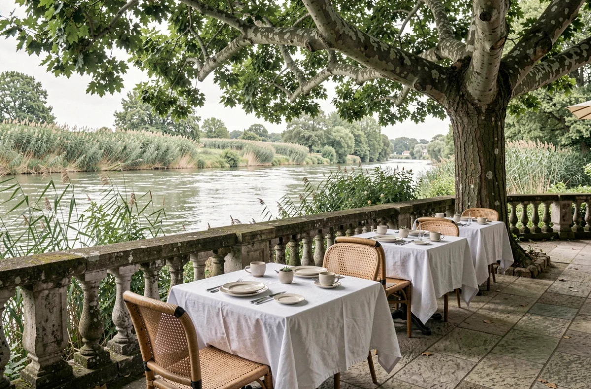 Terrasse du restaurant Les Roseaux Pensants à Cormery au bord de l'Indre, tables dressées sous les platanes