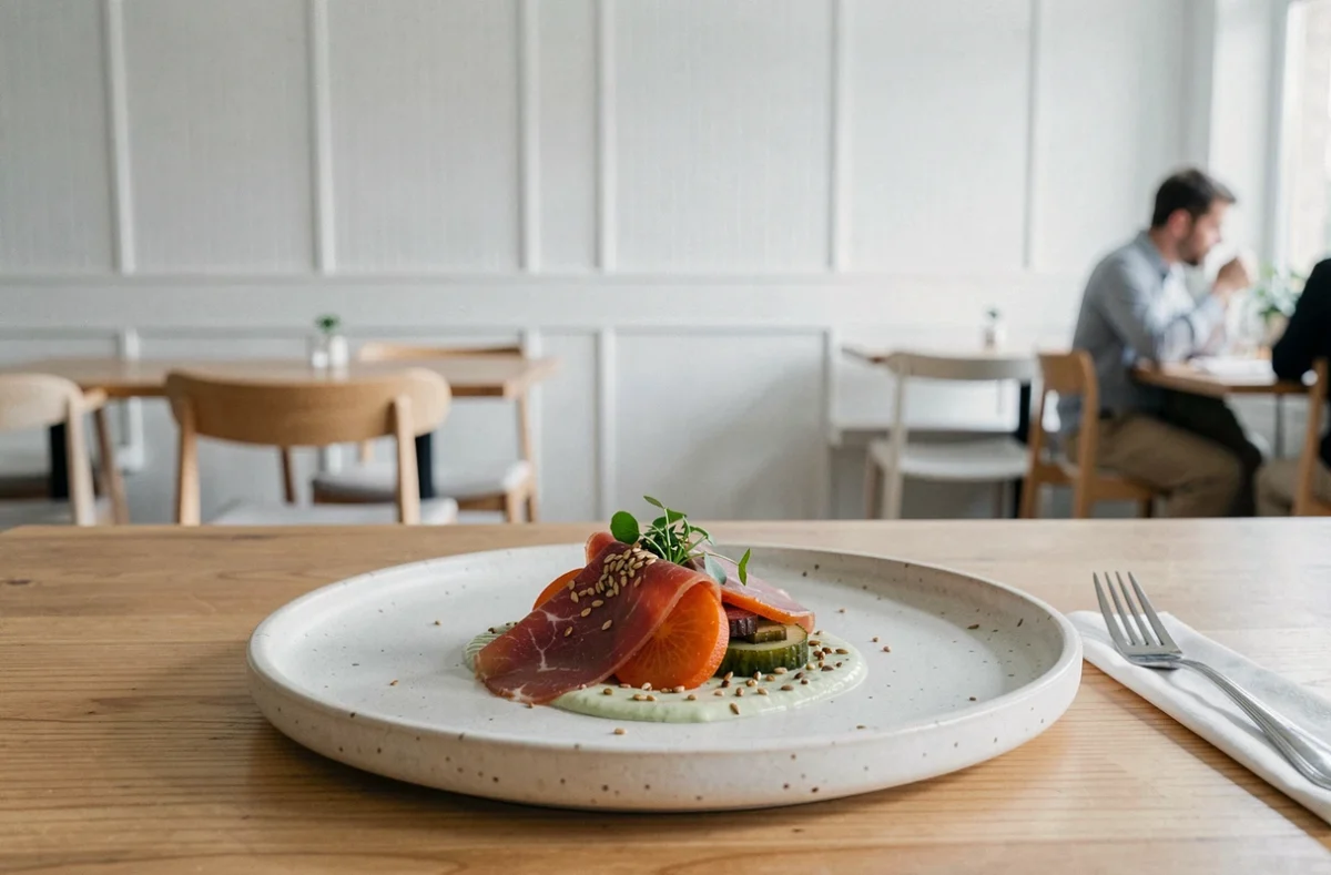Assiette de gastronomie accessible au restaurant Rozo à Lille, plating soigné sur céramique pâle dans un cadre minimaliste