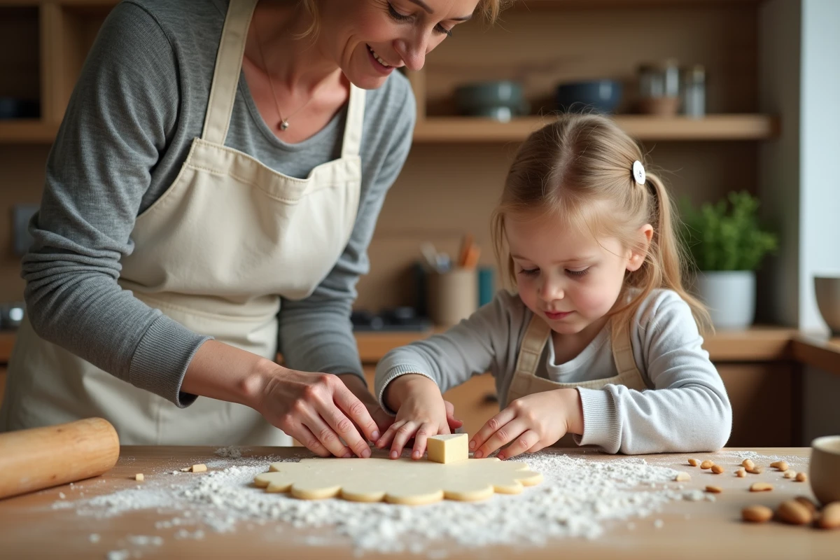Mère et enfant découpant des sablés de Noël en étoile dans de la pâte à l'amande sur un plan de travail en bois fariné