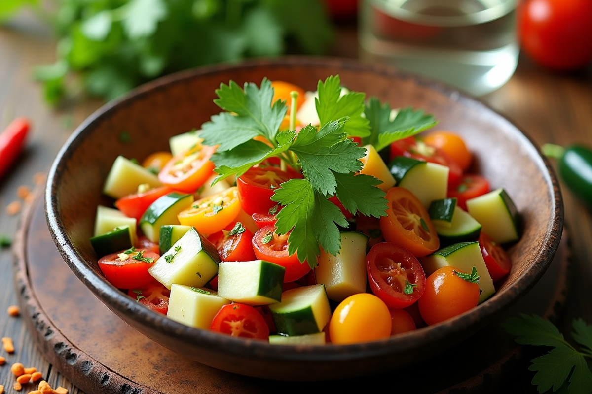 Salade de jicama en cubes avec légumes colorés et coriandre dans un bol en céramique