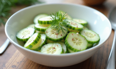 Salade de concombre et creme en bol blanc avec aneth