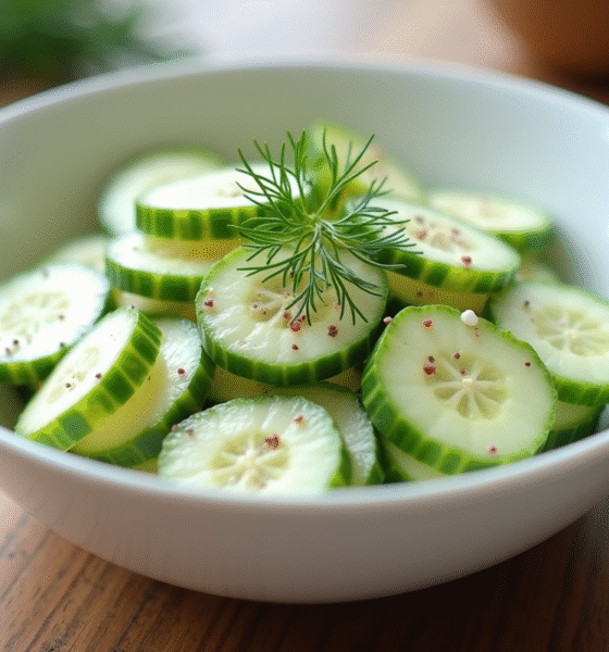 Salade de concombre et creme en bol blanc avec aneth