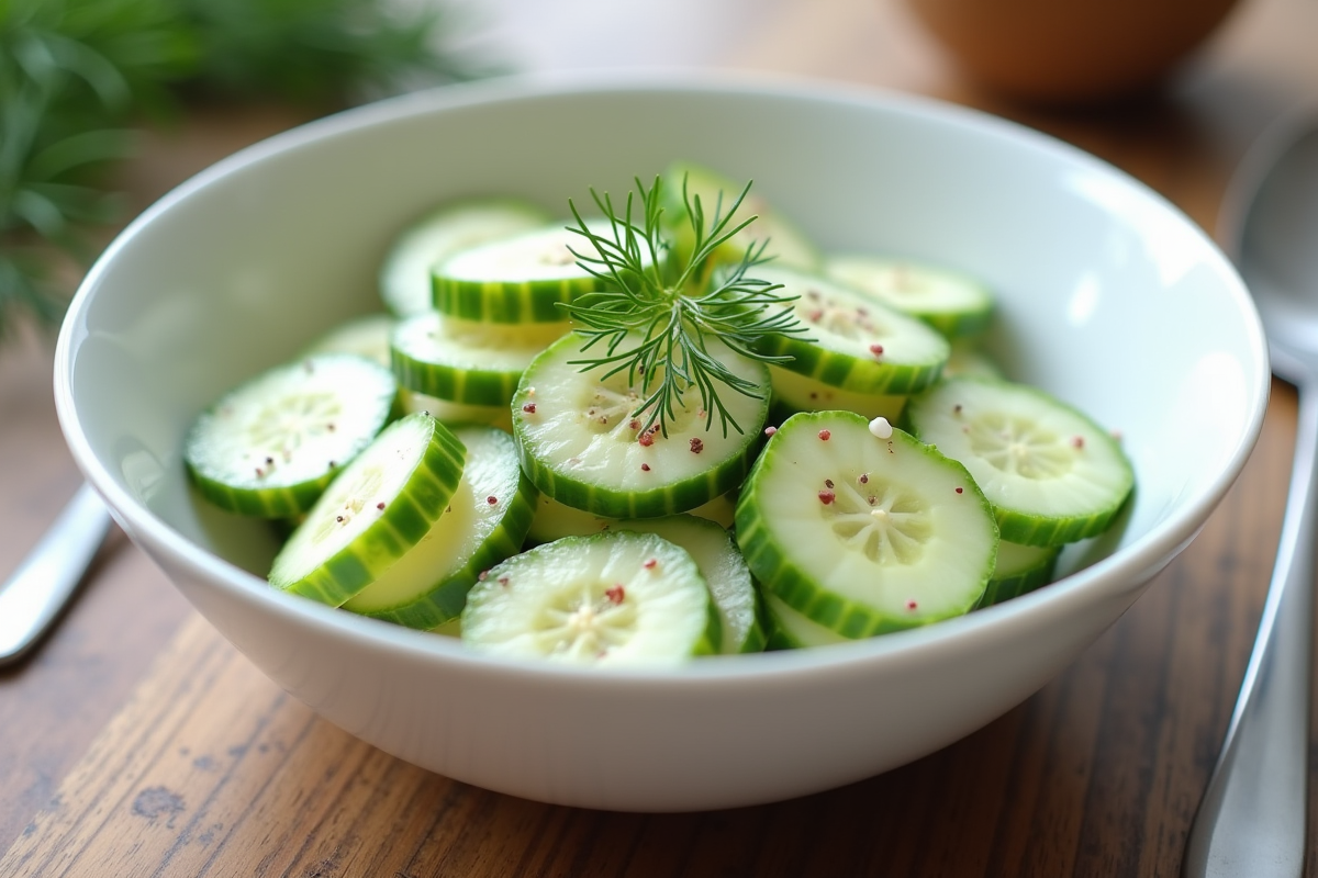 Salade de concombre et creme en bol blanc avec aneth