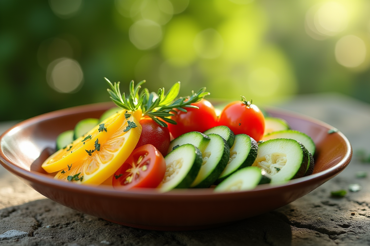 Salade d été avec zucchini et tomates dans un bol en céramique