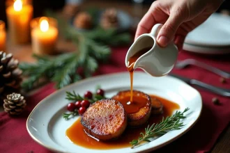 Sauce au porto et miel versée sur des tranches de magret de canard pour un repas de Noël élégant