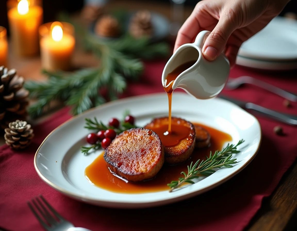 Sauce au porto et miel versée sur des tranches de magret de canard pour un repas de Noël élégant
