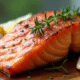 Filet de saumon cuit croustillant et doré sur planche en bois