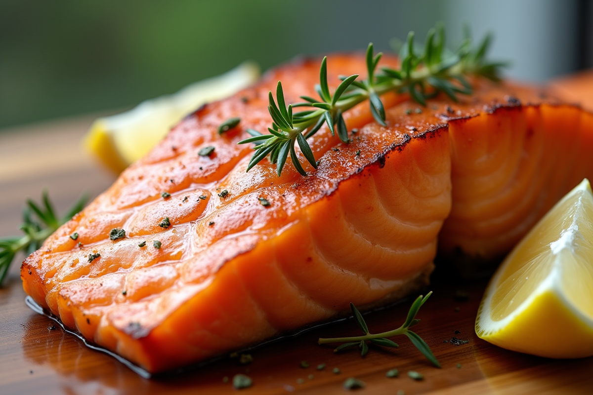 Filet de saumon cuit croustillant et doré sur planche en bois