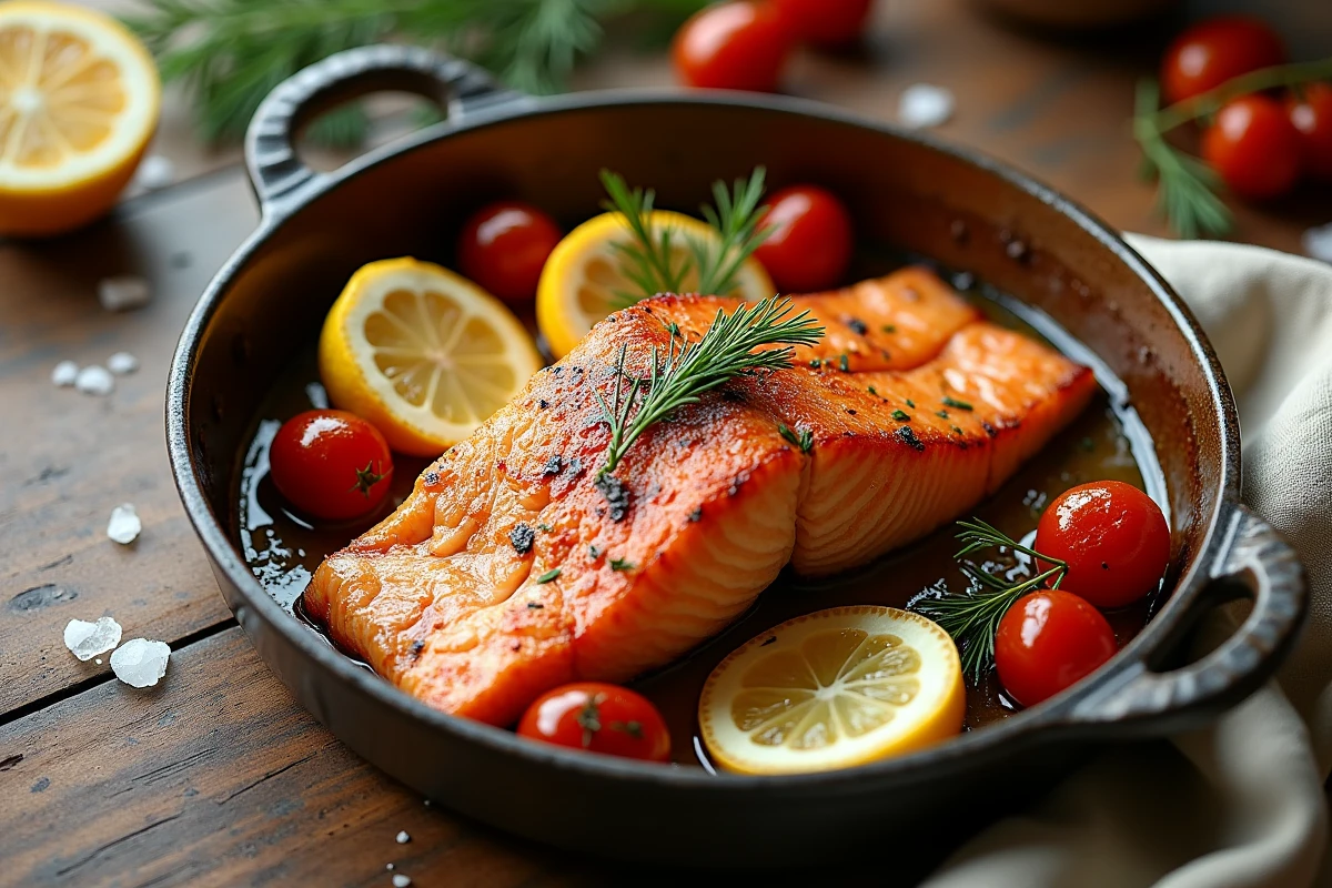 Filet de saumon au four avec peau croustillante dans un plat en céramique rustique entouré de citrons rôtis et de tomates cerises