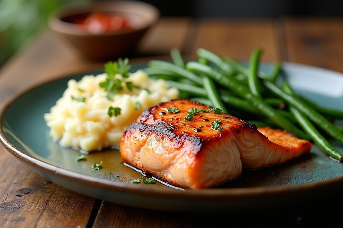 Saumon grillé avec purée maison et haricots verts sautés