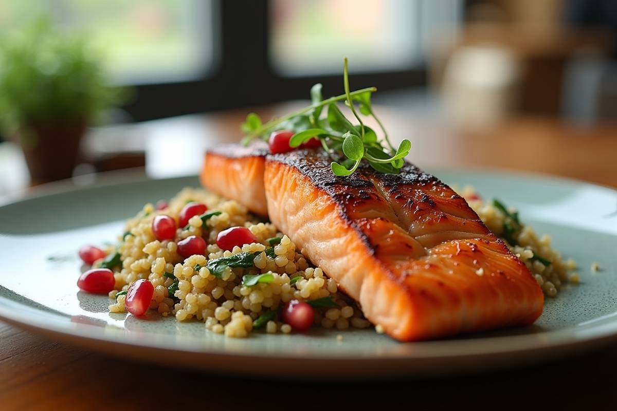Saumon grillé avec salade de quinoa et grenade