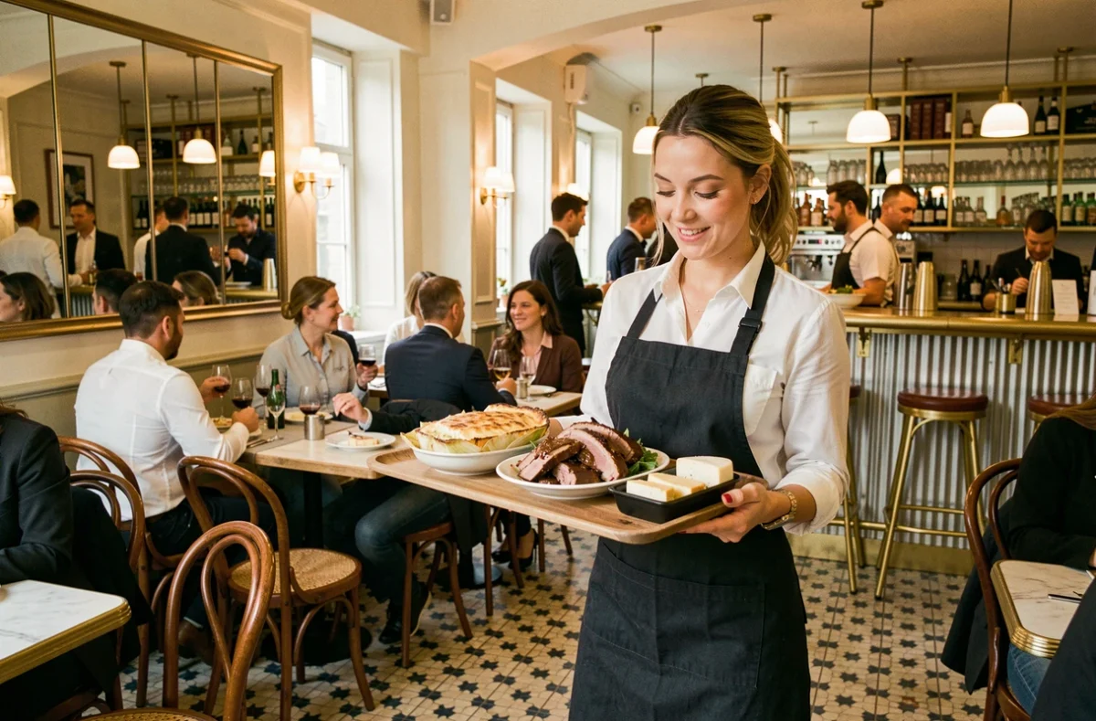 Scène de service chez Solange, néo-brasserie lilloise, avec plats régionaux du Nord portés par une serveuse en salle animée