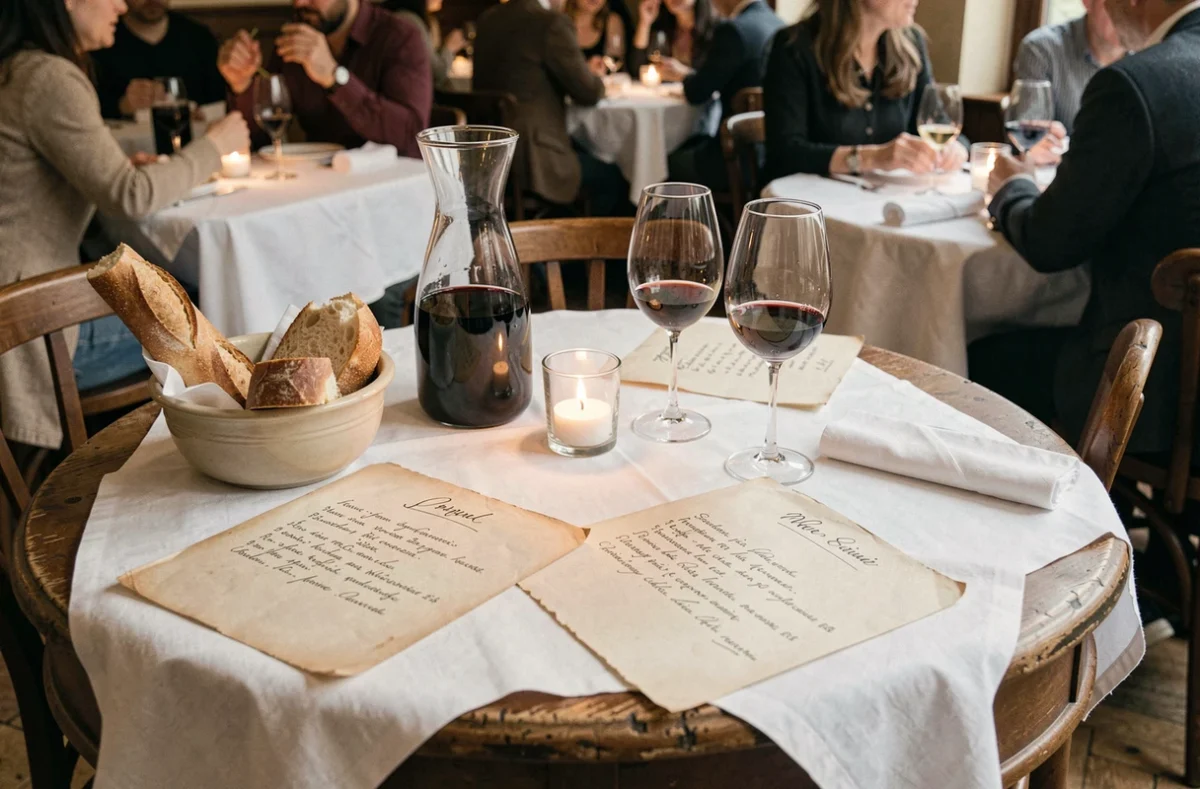 Table de bistrot parisien dressée pour le dîner du soir avec menu et carafe de vin