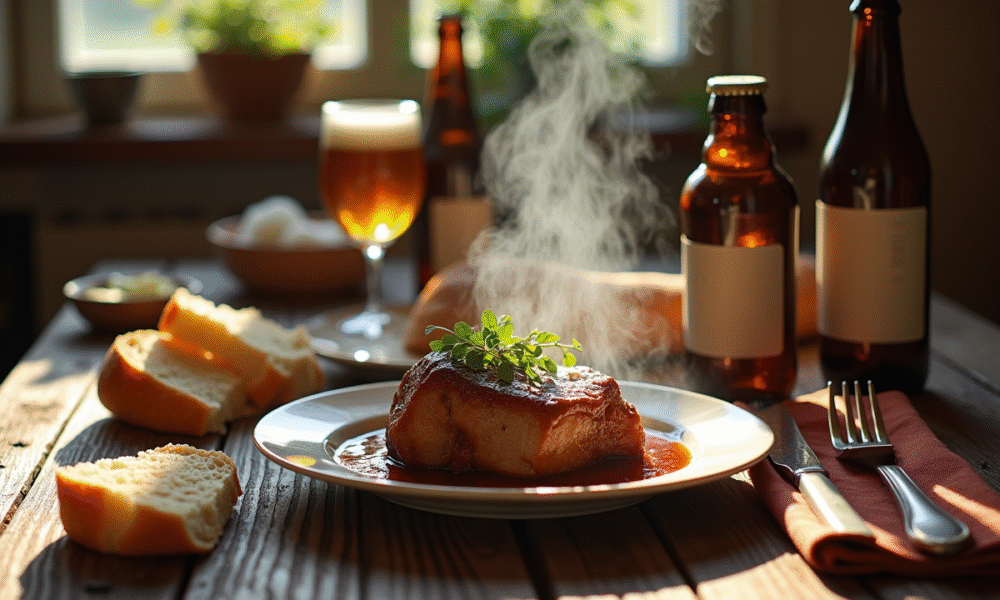 Table rustique en campagne française avec porc braise et pain
