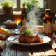 Table rustique en campagne française avec porc braise et pain