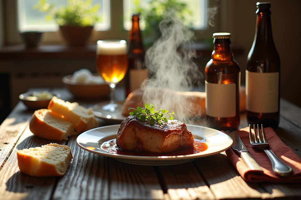 Table rustique en campagne française avec porc braise et pain