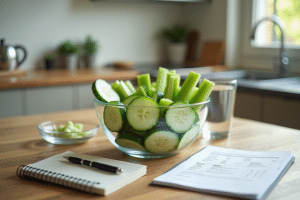 Table moderne avec snacks zéro calorie et notes