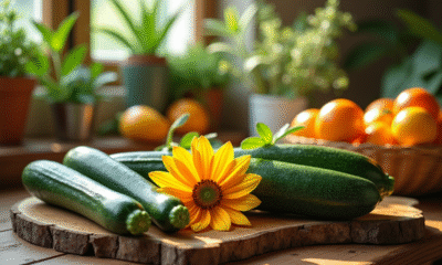 Table de cuisine avec zucchinis et fruits zapote naturels