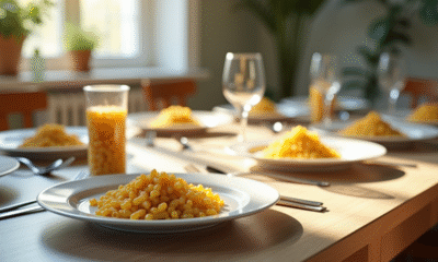 Table de diner avec assiettes de pates mesurees et tasse