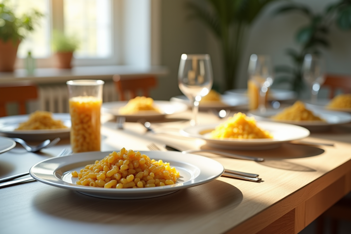 Table de diner avec assiettes de pates mesurees et tasse