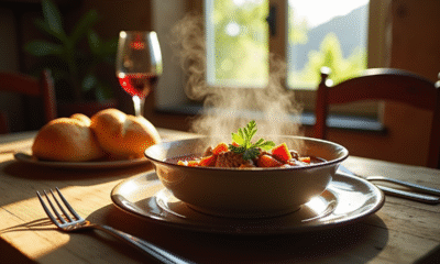 Table rustique française avec stew de boeuf et carottes