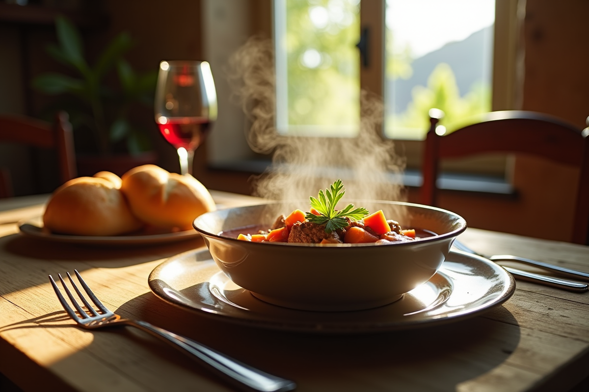 Table rustique française avec stew de boeuf et carottes