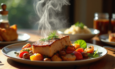 Table gourmande avec blanquette de veau et légumes colorés