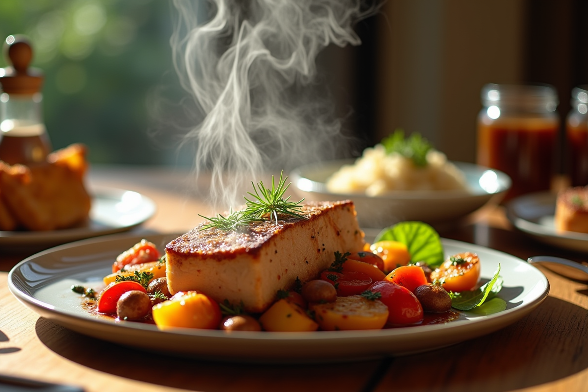 Table gourmande avec blanquette de veau et légumes colorés