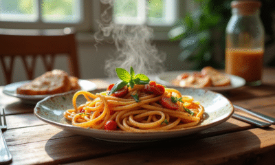 Table rustique avec pasta épicée au chorizo et herbes fraîches