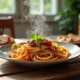 Table rustique avec pasta épicée au chorizo et herbes fraîches