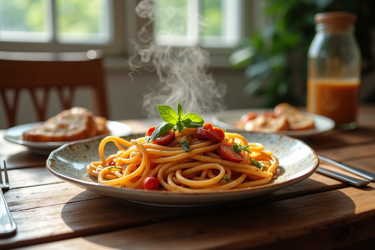 Table rustique avec pasta épicée au chorizo et herbes fraîches