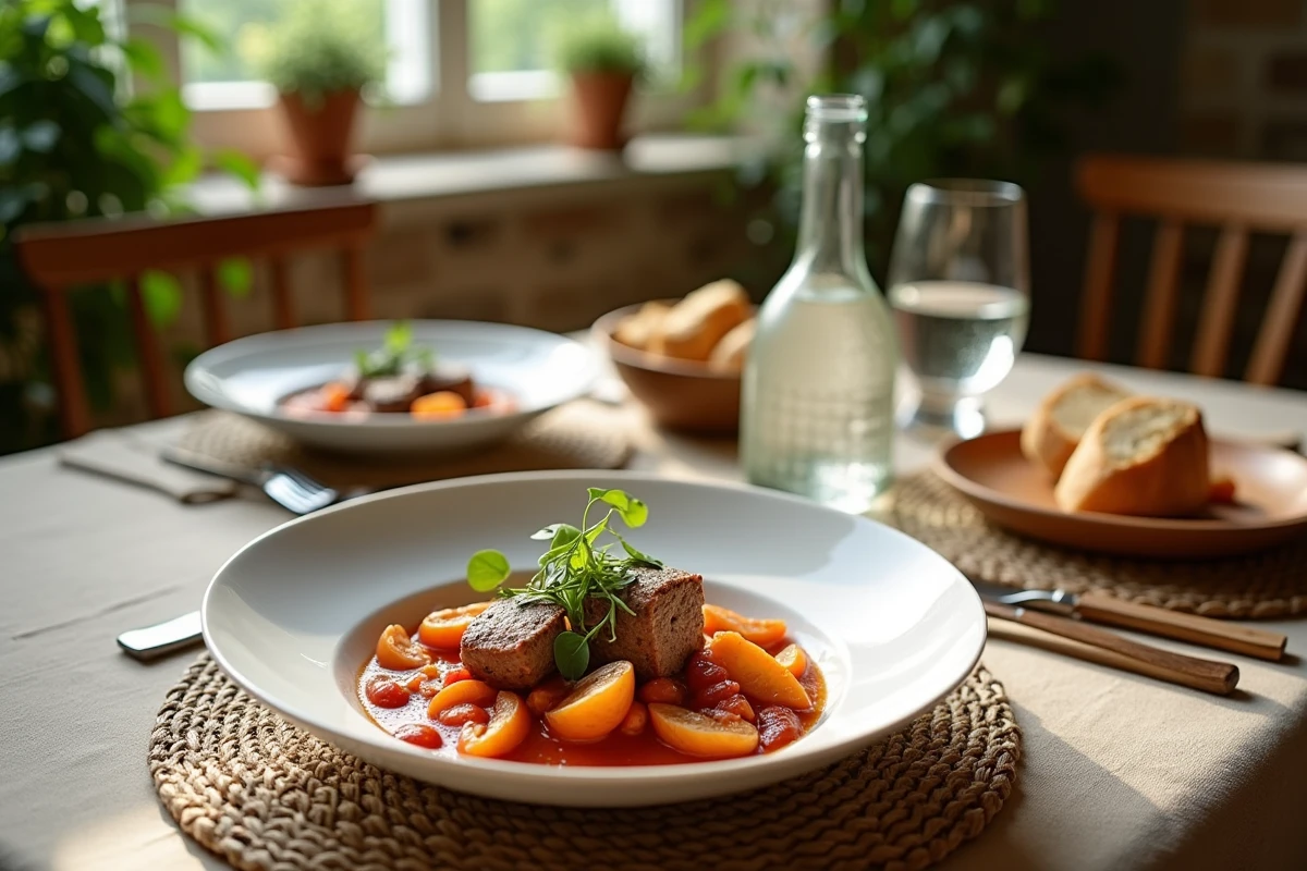 Table rustique avec plat de boeuf carotte et pain complet