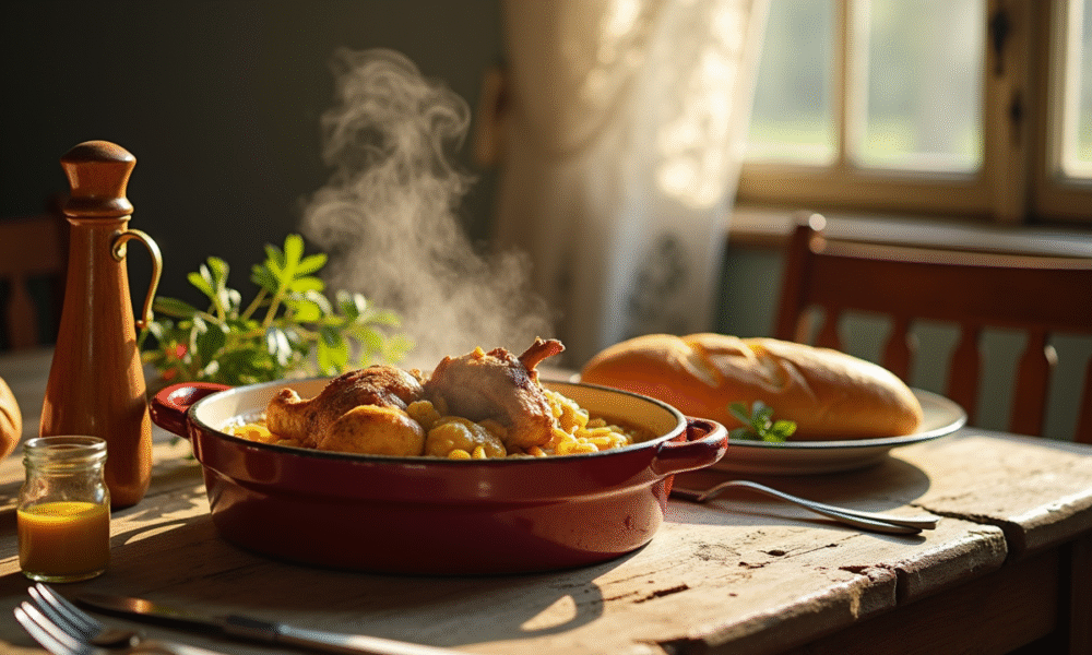 Table rustique en cuisine française avec plat de lapin à la moutarde