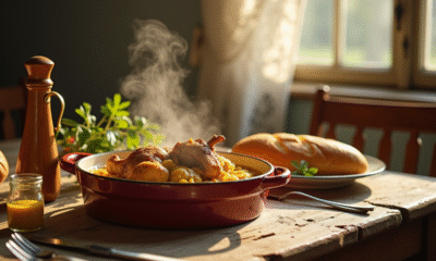 Table rustique en cuisine française avec plat de lapin à la moutarde