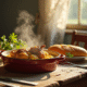 Table rustique en cuisine française avec plat de lapin à la moutarde