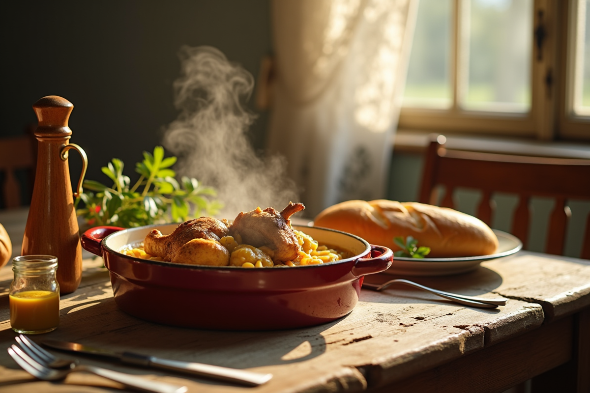 Table rustique en cuisine française avec plat de lapin à la moutarde